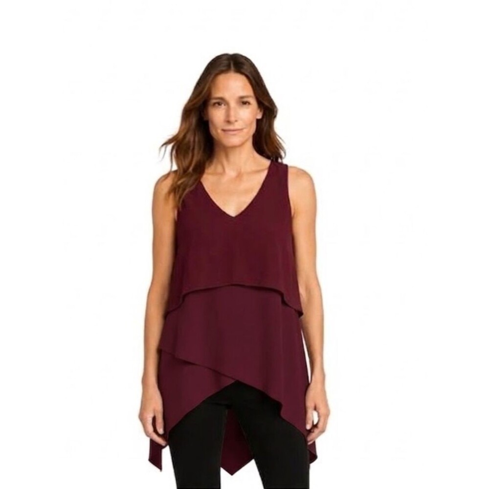 White House Black Market Maroon Sleeveless Tiered Blouse